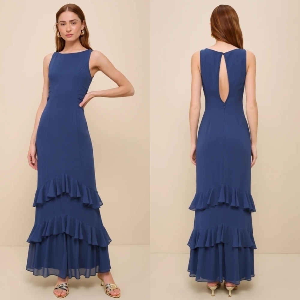 Lulus Lovely Arrival Dark Blue Chiffon Ruffled Tiered Maxi Dress L Wedding Party